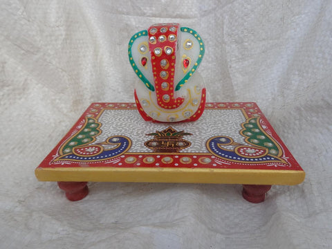 Beautiful Hand Painted Lord Ganesh with Chowki in White Marble in 6" x 4" size